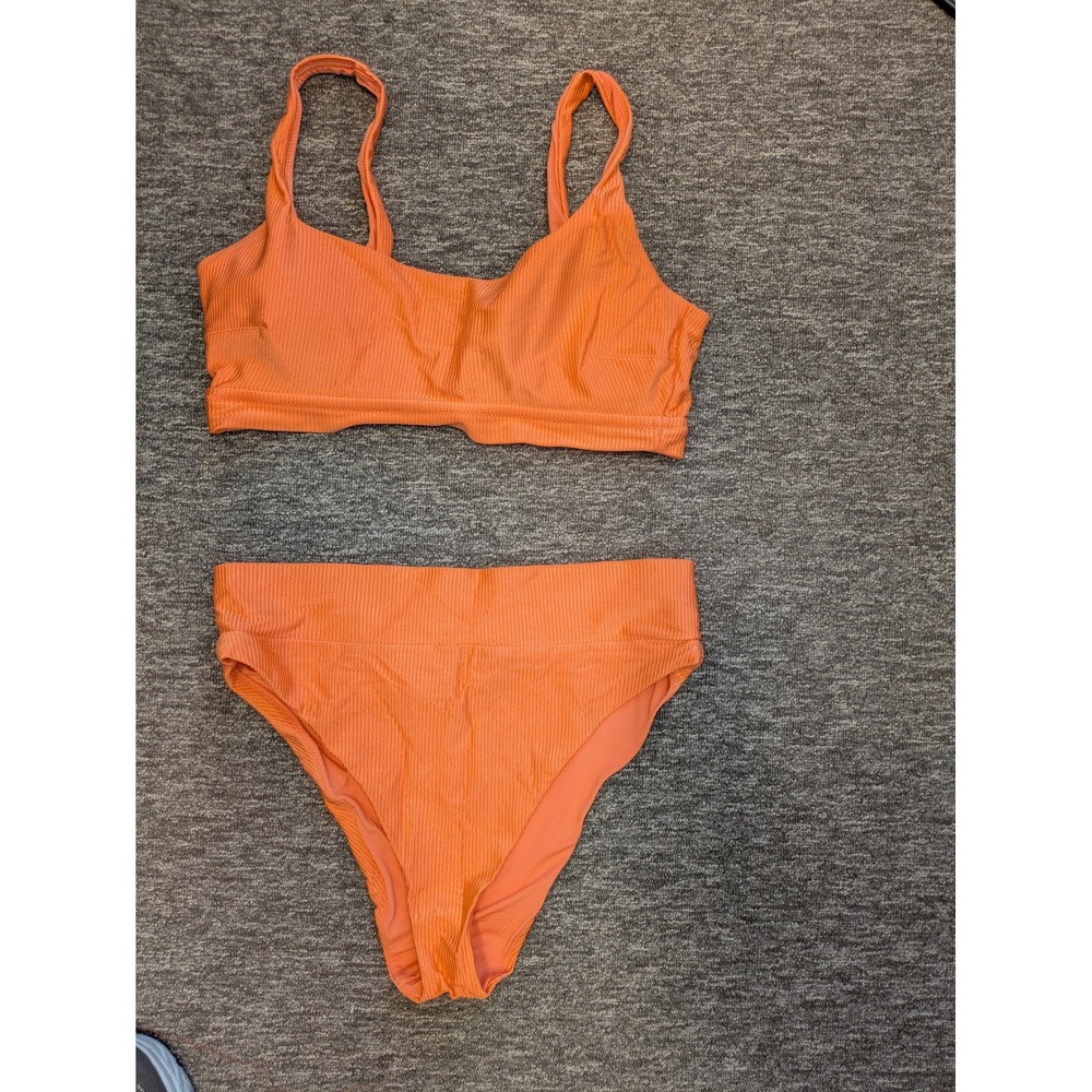 Aerie Bikini Set Women's XL Orange Ribbed Scoop Neck High Cut Cheeky Two Piece
